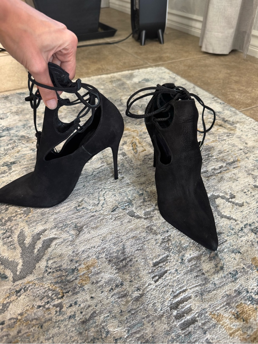 SCHUTZ Black Suede Pointed Lace-Up Stiletto Booties - Picture 3 of 7